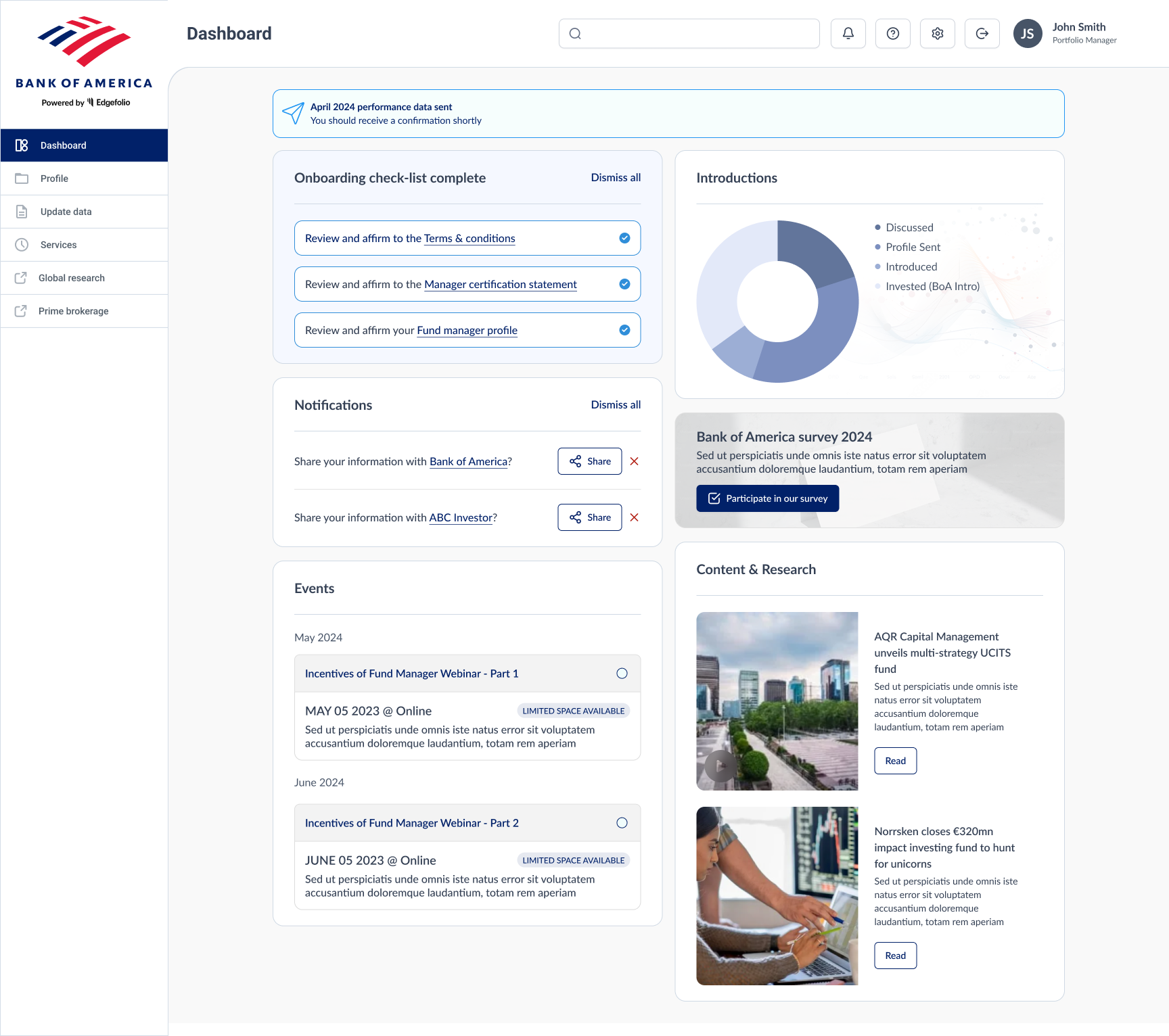 Edgefolio fund manager landing dashboard