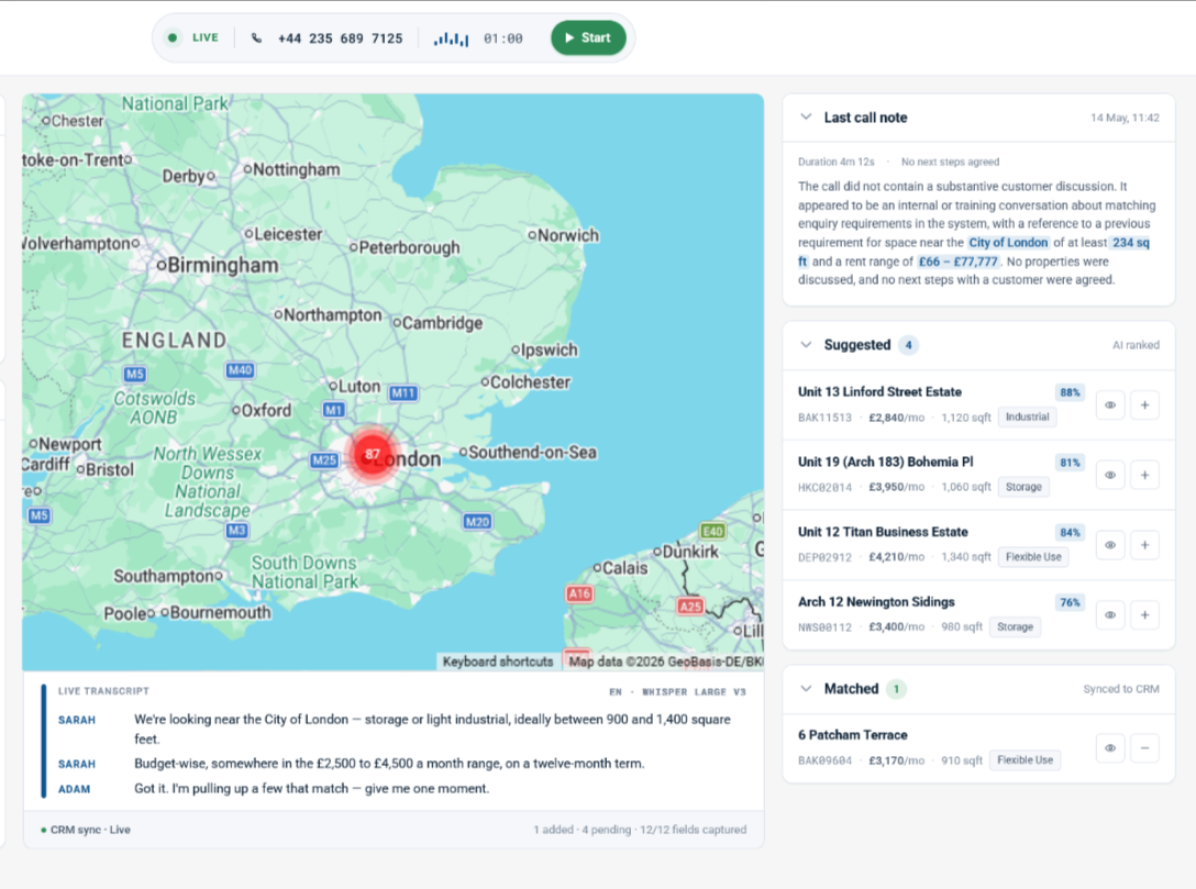 ArchCo property management platform — live call capture with map and AI-ranked suggestions